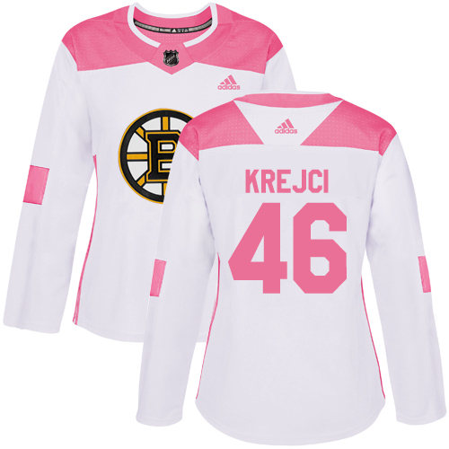 Adidas Bruins #46 David Krejci White/Pink Authentic Fashion Women's Stitched NHL Jersey - Click Image to Close